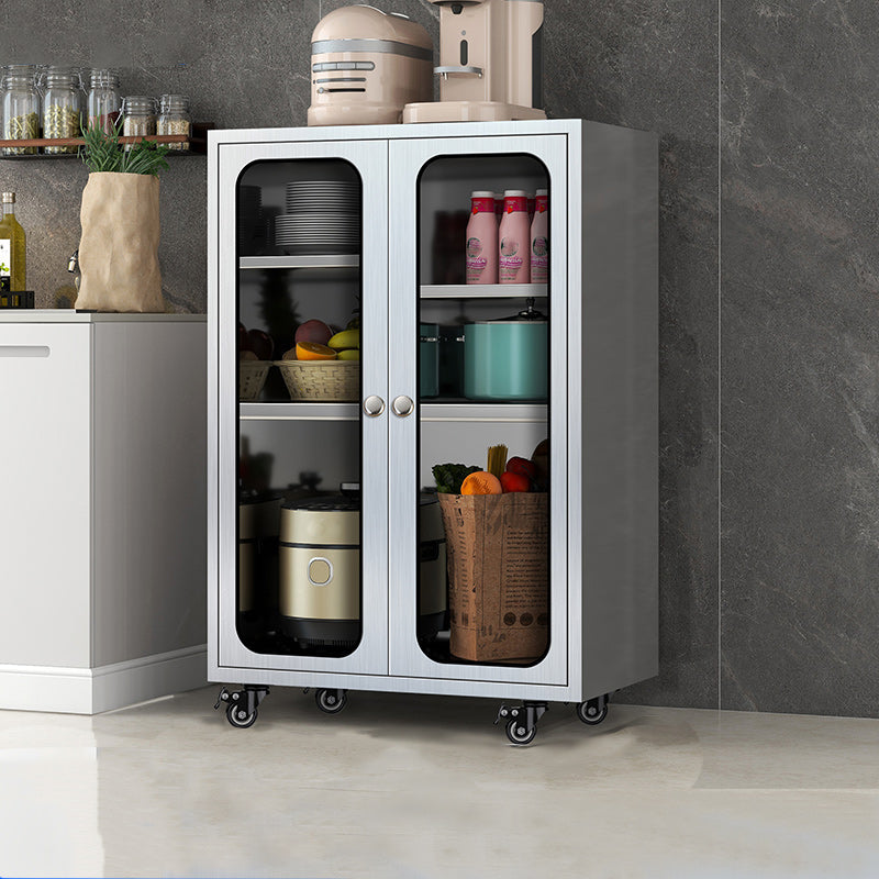 Modern Stainless Steel Dining Server Silver Adjustable Shelving Cabinets with Door 28"L x 16"W x 38"H Glass Clearhalo 'buffet_sideboard' 'Buffets & Sideboards' 'furn' 'furn_buffet_sideboard' 'Furniture' 'furniture_buffet_sideboard' 'Kitchen & Dining Furniture' 4965492