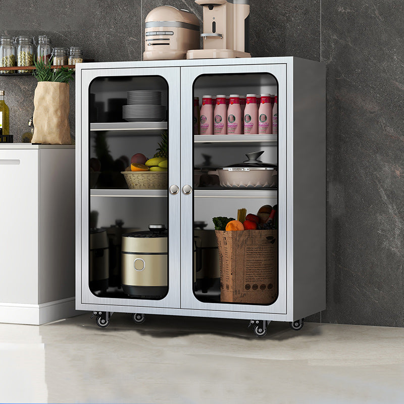 Modern Stainless Steel Dining Server Silver Adjustable Shelving Cabinets with Door 35"L x 16"W x 38"H Glass Clearhalo 'buffet_sideboard' 'Buffets & Sideboards' 'furn' 'furn_buffet_sideboard' 'Furniture' 'furniture_buffet_sideboard' 'Kitchen & Dining Furniture' 4965495