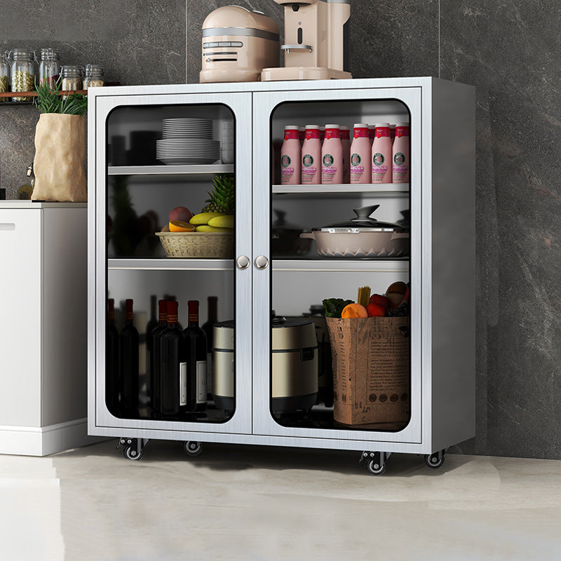 Modern Stainless Steel Dining Server Silver Adjustable Shelving Cabinets with Door 39"L x 16"W x 38"H Glass Clearhalo 'buffet_sideboard' 'Buffets & Sideboards' 'furn' 'furn_buffet_sideboard' 'Furniture' 'furniture_buffet_sideboard' 'Kitchen & Dining Furniture' 4965496