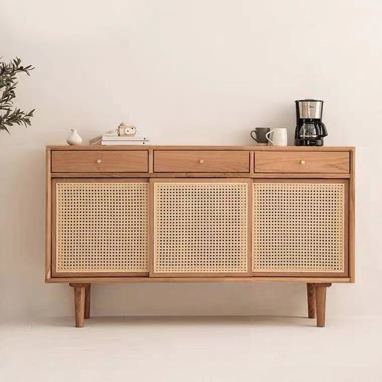 Simple Style Rattan Doors Cupboard Wood 32-inch Height Kitchen Sideboard for Dining Room 59"L x 14"W x 31"H Clearhalo 'buffet_sideboard' 'Buffets & Sideboards' 'furn' 'furn_buffet_sideboard' 'Furniture' 'furniture_buffet_sideboard' 'Kitchen & Dining Furniture' 4965697