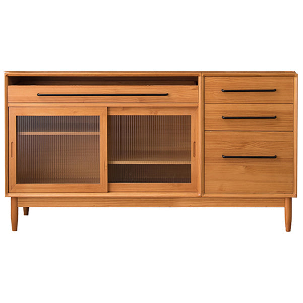 Pine Wood Living Room Sideboard Cabinet Modern Credenza with Drawers and Glass Door 59"L x 16"W x 33"H Cherry Wood Clearhalo 'buffet_sideboard' 'Buffets & Sideboards' 'furn' 'furn_buffet_sideboard' 'Furniture' 'furniture_buffet_sideboard' 'Kitchen & Dining Furniture' 4965865