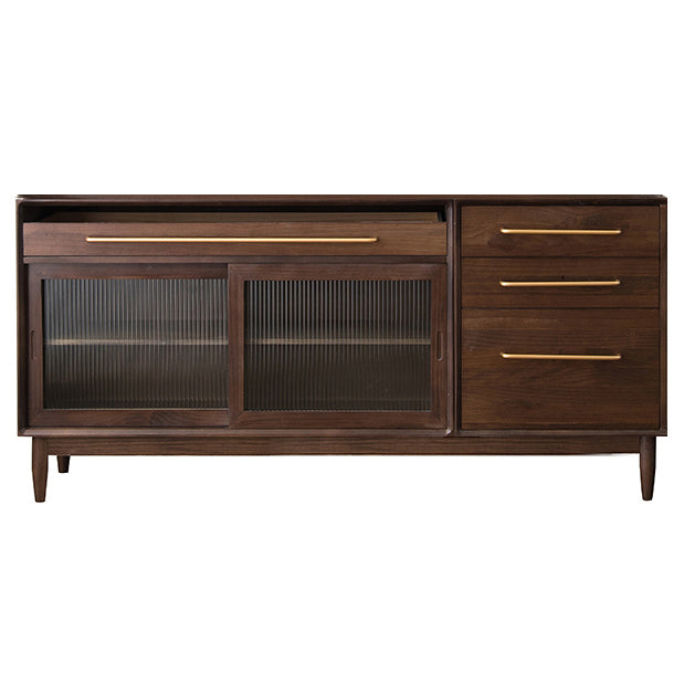 Pine Wood Living Room Sideboard Cabinet Modern Credenza with Drawers and Glass Door 71"L x 16"W x 33"H Walnut Clearhalo 'buffet_sideboard' 'Buffets & Sideboards' 'furn' 'furn_buffet_sideboard' 'Furniture' 'furniture_buffet_sideboard' 'Kitchen & Dining Furniture' 4965867