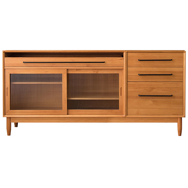 Pine Wood Living Room Sideboard Cabinet Modern Credenza with Drawers and Glass Door 71"L x 16"W x 33"H Cherry Wood Clearhalo 'buffet_sideboard' 'Buffets & Sideboards' 'furn' 'furn_buffet_sideboard' 'Furniture' 'furniture_buffet_sideboard' 'Kitchen & Dining Furniture' 4965874