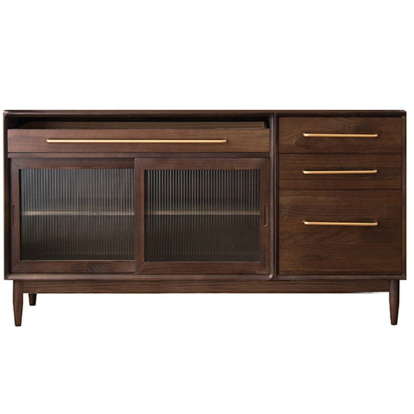 Pine Wood Living Room Sideboard Cabinet Modern Credenza with Drawers and Glass Door 59"L x 16"W x 33"H Walnut Clearhalo 'buffet_sideboard' 'Buffets & Sideboards' 'furn' 'furn_buffet_sideboard' 'Furniture' 'furniture_buffet_sideboard' 'Kitchen & Dining Furniture' 4965875