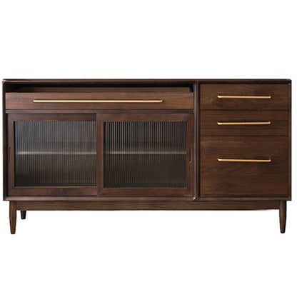 Pine Wood Living Room Sideboard Cabinet Modern Credenza with Drawers and Glass Door 59"L x 16"W x 33"H Walnut Clearhalo 'buffet_sideboard' 'Buffets & Sideboards' 'furn' 'furn_buffet_sideboard' 'Furniture' 'furniture_buffet_sideboard' 'Kitchen & Dining Furniture' 4965875