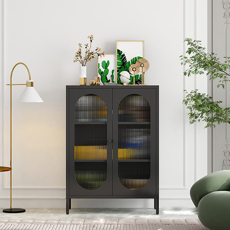 Steel Dining Room Sideboard Cabinet Modern Server Cabinet with Storage and Two Doors Black Vertical Glass Clearhalo 'buffet_sideboard' 'Buffets & Sideboards' 'Furniture' 'furniture_buffet_sideboard' 'Kitchen & Dining Furniture' 4966003