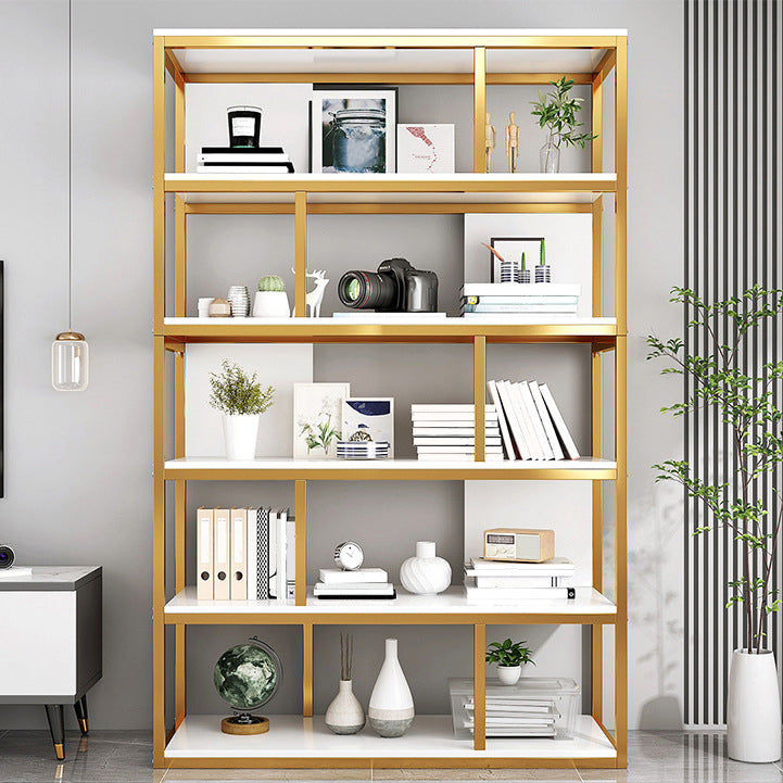 Vertical Metal Frame Etagere Bookshelf Manufactured Wood Shelf Bookcase for Living Room 39.4"L x 11.8"W x 69.7"H White-Gold Clearhalo 'Bookcases' 'furn' 'furn_bookcases' 'Furniture' 'furniture_bookcases' 'Office Furniture' 4969589