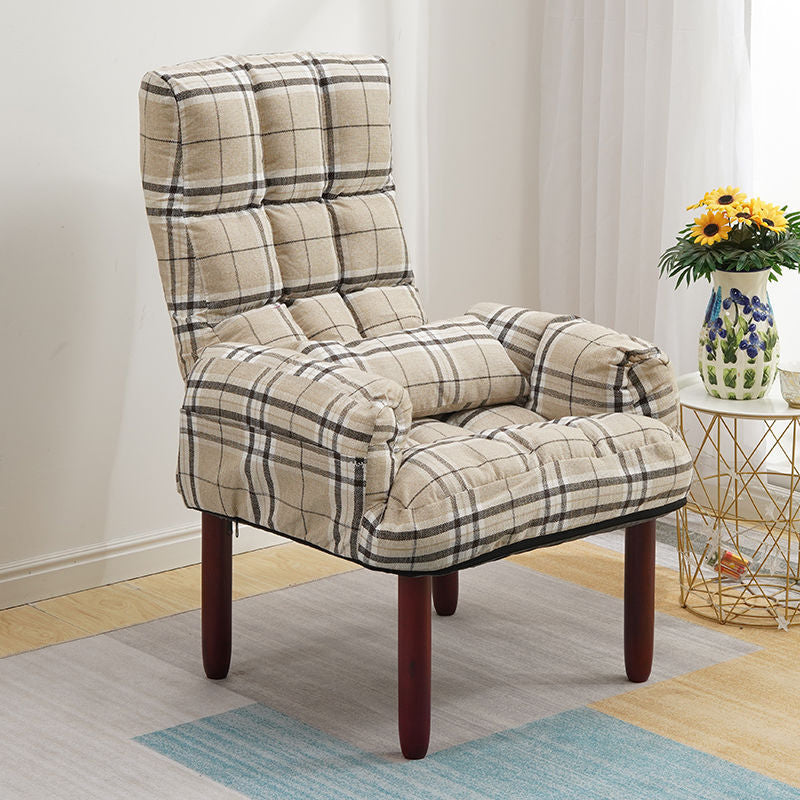 24.80" L x 25.59" W x 37.79" H Linen Convertible Chair Four-Leg Solid Wood Accent Chair Gray-White Plaid Clearhalo 'Accent Chairs' 'accent_chairs' 'Chairs & Seating' 'furn' 'furn_accent_chairs' 'Furniture' 'furniture_accent_chairs' 'Living Room Furniture' 4970626