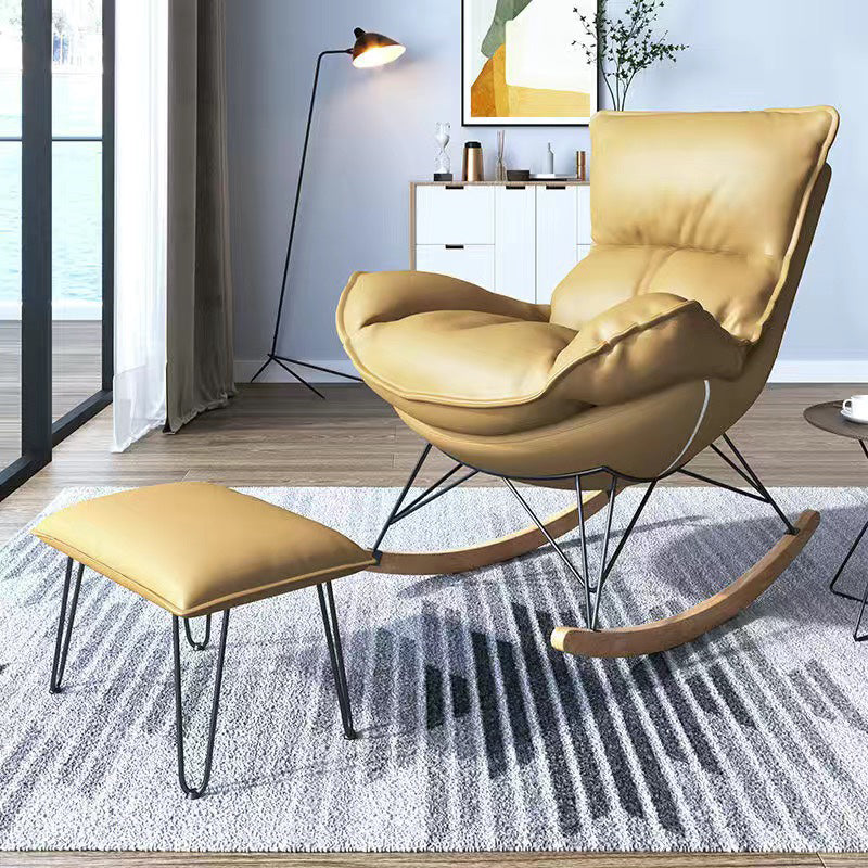 26.77" L x 37.40" W x 34.64" H Reclining Armless Lounge Chair with Sewn Pillow Back Yellow Faux Leather Clearhalo 'Accent Chairs' 'accent_chairs' 'Chairs & Seating' 'furn' 'furn_accent_chairs' 'Furniture' 'furniture_accent_chairs' 'Living Room Furniture' 4970782