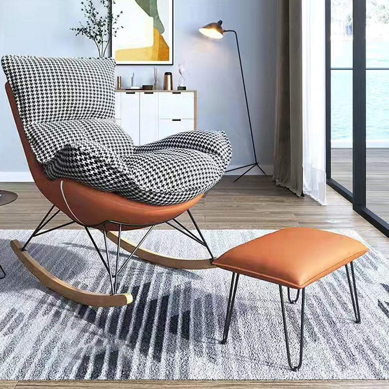 26.77" L x 37.40" W x 34.64" H Reclining Armless Lounge Chair with Sewn Pillow Back Orange Houndstooth Linen Clearhalo 'Accent Chairs' 'accent_chairs' 'Chairs & Seating' 'furn' 'furn_accent_chairs' 'Furniture' 'furniture_accent_chairs' 'Living Room Furniture' 4970790