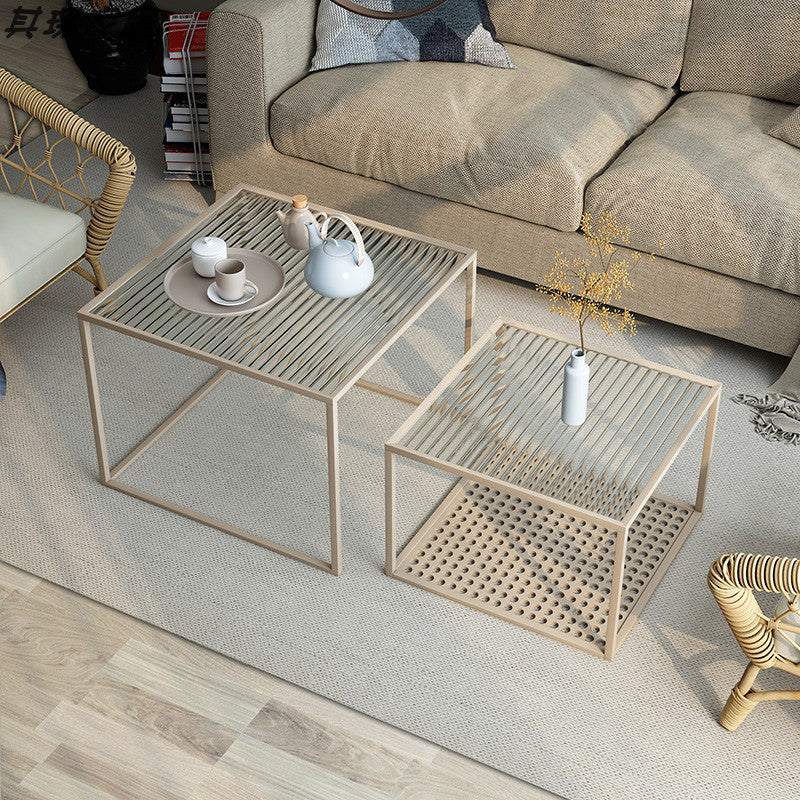 Modern Style Black/off-white/gold Metal Base Square Side Table 24"L x 24"W x 18"H + 20"L x 20"W x 14"H Beige Clear Clearhalo 'Coffee & Accent Tables' 'End & Side Tables' 'end_side_table' 'end_side_tables' 'furn' 'furn_end_side_tables' 'Furniture' 'furniture_end_side_table' 'Living Room Furniture' 4971071
