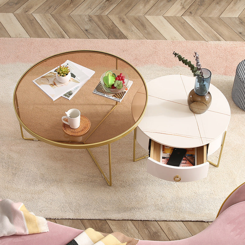Glass and Slate Cross Legs Coffee Table Modern Round Table for Living Room 18"H x 28"L x 28"W + 16"H x 20"L x 20"W Clearhalo 'Coffee & Accent Tables' 'Coffee Tables' 'coffee_tables' 'Furniture' 'furniture_coffee_tables' 'Living Room Furniture' 4971223
