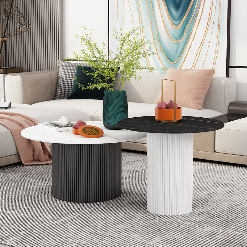 Round White Slate Coffee Table Pedestal 2 Nesting Coffee Table Set 31.5"L x 31.5"W x 16"H + 24"L x 24"W x 20"H Black Black White Clearhalo 'Coffee & Accent Tables' 'Coffee Tables' 'coffee_tables' 'furn' 'furn_coffee_tables' 'Furniture' 'furniture_coffee_tables' 'Living Room Furniture' 4971454