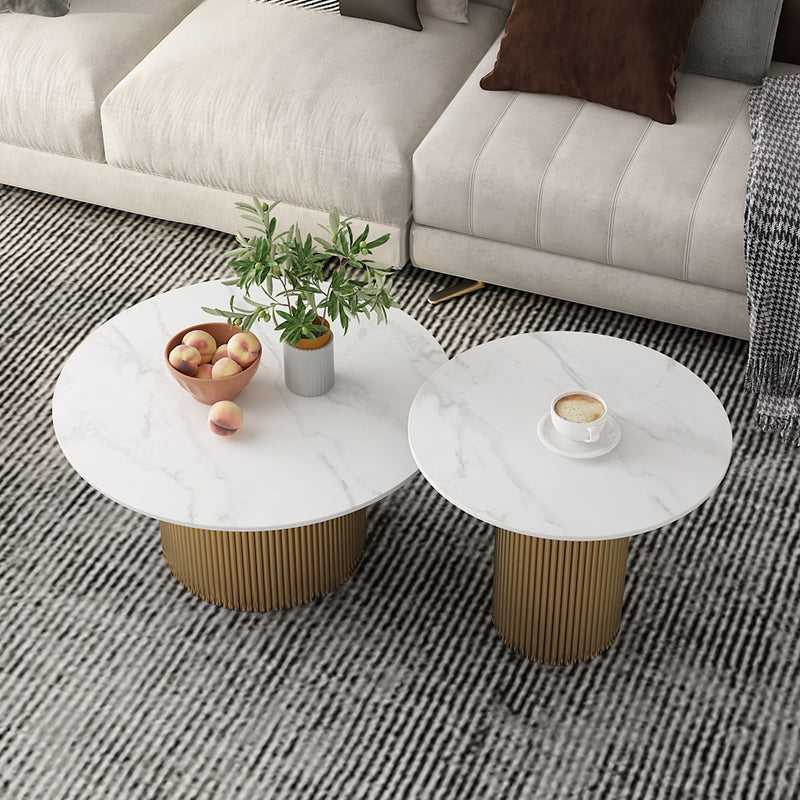 Round White Slate Coffee Table Pedestal 2 Nesting Coffee Table Set 31.5"L x 31.5"W x 16"H + 24"L x 24"W x 20"H Gold White Clearhalo 'Coffee & Accent Tables' 'Coffee Tables' 'coffee_tables' 'furn' 'furn_coffee_tables' 'Furniture' 'furniture_coffee_tables' 'Living Room Furniture' 4971455