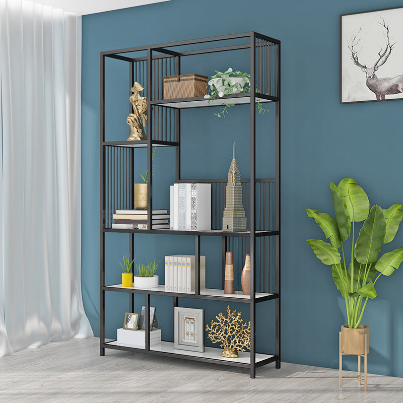 Contemporary Etagere Bookshelf Iron Frame White Manufactured Wood Shelf Bookcase Black Clearhalo 'Bookcases' 'furn' 'furn_bookcases' 'Furniture' 'furniture_bookcases' 'Office Furniture' 4971826