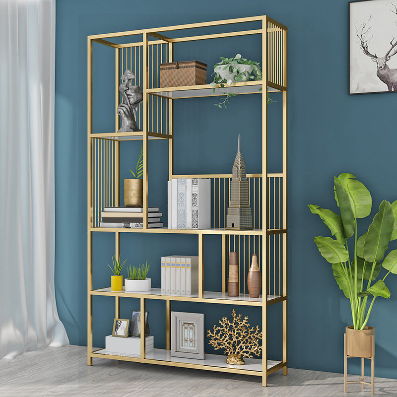 Contemporary Etagere Bookshelf Iron Frame White Manufactured Wood Shelf Bookcase Gold Clearhalo 'Bookcases' 'furn' 'furn_bookcases' 'Furniture' 'furniture_bookcases' 'Office Furniture' 4971827