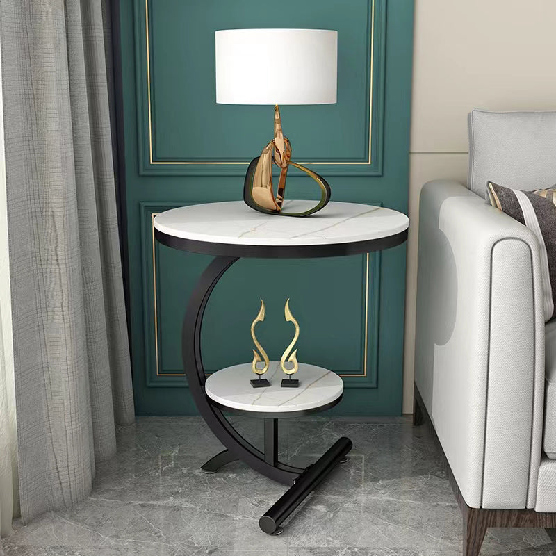 Pedestal End Table Contemporary Style 23.62" Faux Marble/ Stone Top Side Table with Shelf 19.7"L x 19.7"W x 23.5"H White Gold Clearhalo 'Coffee & Accent Tables' 'End & Side Tables' 'end_side_table' 'end_side_tables' 'furn' 'furn_end_side_tables' 'Furniture' 'furniture_end_side_table' 'Living Room Furniture' 4972308