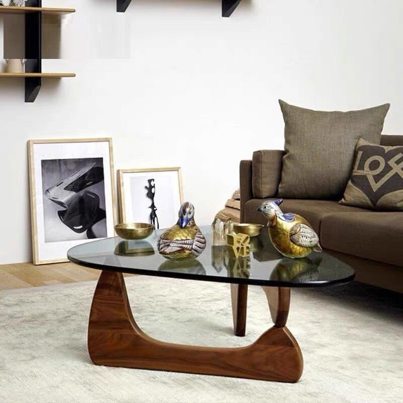 Abstract Base Design Wood/brown/black Solid Wood Tempered Glass Countertops Side Table 32"L x 22.5"W x 16"H Brown Clear Clearhalo 'Coffee & Accent Tables' 'End & Side Tables' 'end_side_table' 'end_side_tables' 'furn' 'furn_end_side_tables' 'Furniture' 'furniture_end_side_table' 'Living Room Furniture' 4972561