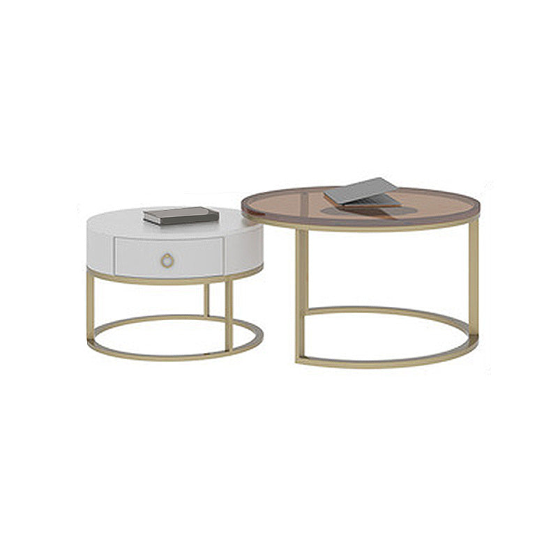 Modern Style Tempered Glass & Rock Sheet Top Gold Metal Base Round Coffee Table 28"L x 28"W x 18"H + 20"L x 20"W x 16"H Brown-White Clearhalo 'Coffee & Accent Tables' 'Coffee Tables' 'coffee_tables' 'furn' 'furn_coffee_tables' 'Furniture' 'furniture_coffee_tables' 'Living Room Furniture' 4972717
