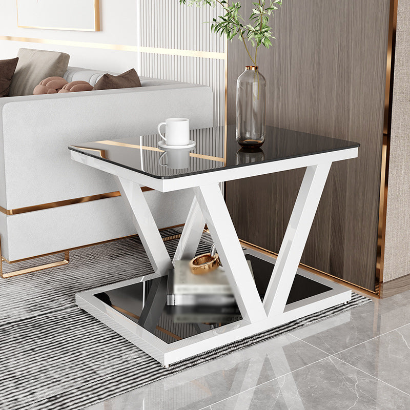 Square Block Base Metal Frame Black/white Tempered Glass Rectangular Coffee Table White Black Clearhalo 'Coffee & Accent Tables' 'Coffee Tables' 'coffee_tables' 'furn' 'furn_coffee_tables' 'Furniture' 'furniture_coffee_tables' 'Living Room Furniture' 4972958