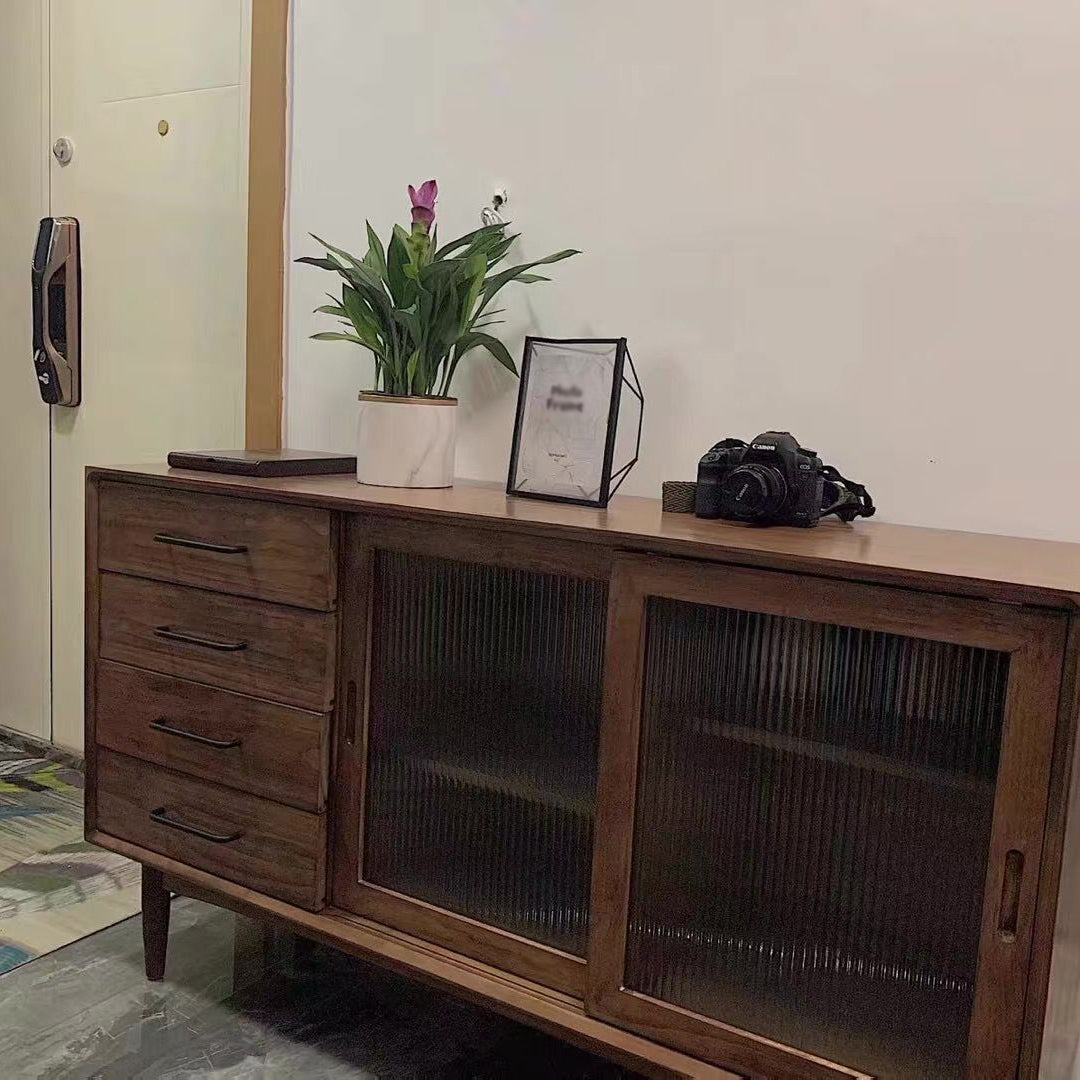 4-Drawer Pine Wood Credenza Modern Glass Sliding Door Cabinets Sideboard for Living Room Walnut Clearhalo 'buffet_sideboard' 'Buffets & Sideboards' 'furn' 'furn_buffet_sideboard' 'Furniture' 'furniture_buffet_sideboard' 'Kitchen & Dining Furniture' 4974681