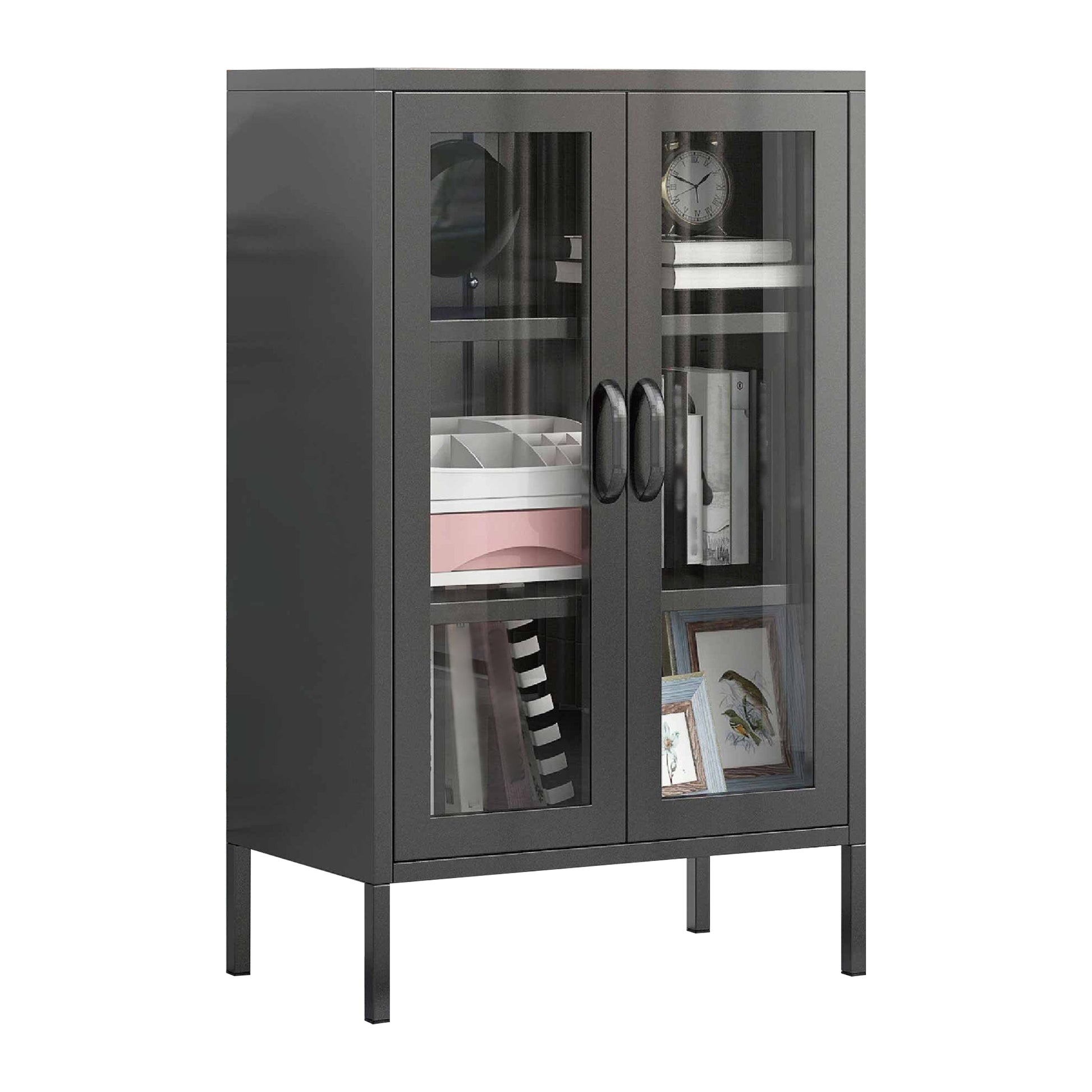 Steel Living Room Sideboard Cabinet Modern Server Cabinet with Storage Black Tempered Glass Clearhalo 'buffet_sideboard' 'Buffets & Sideboards' 'furn' 'furn_buffet_sideboard' 'Furniture' 'furniture_buffet_sideboard' 'Kitchen & Dining Furniture' 4974720