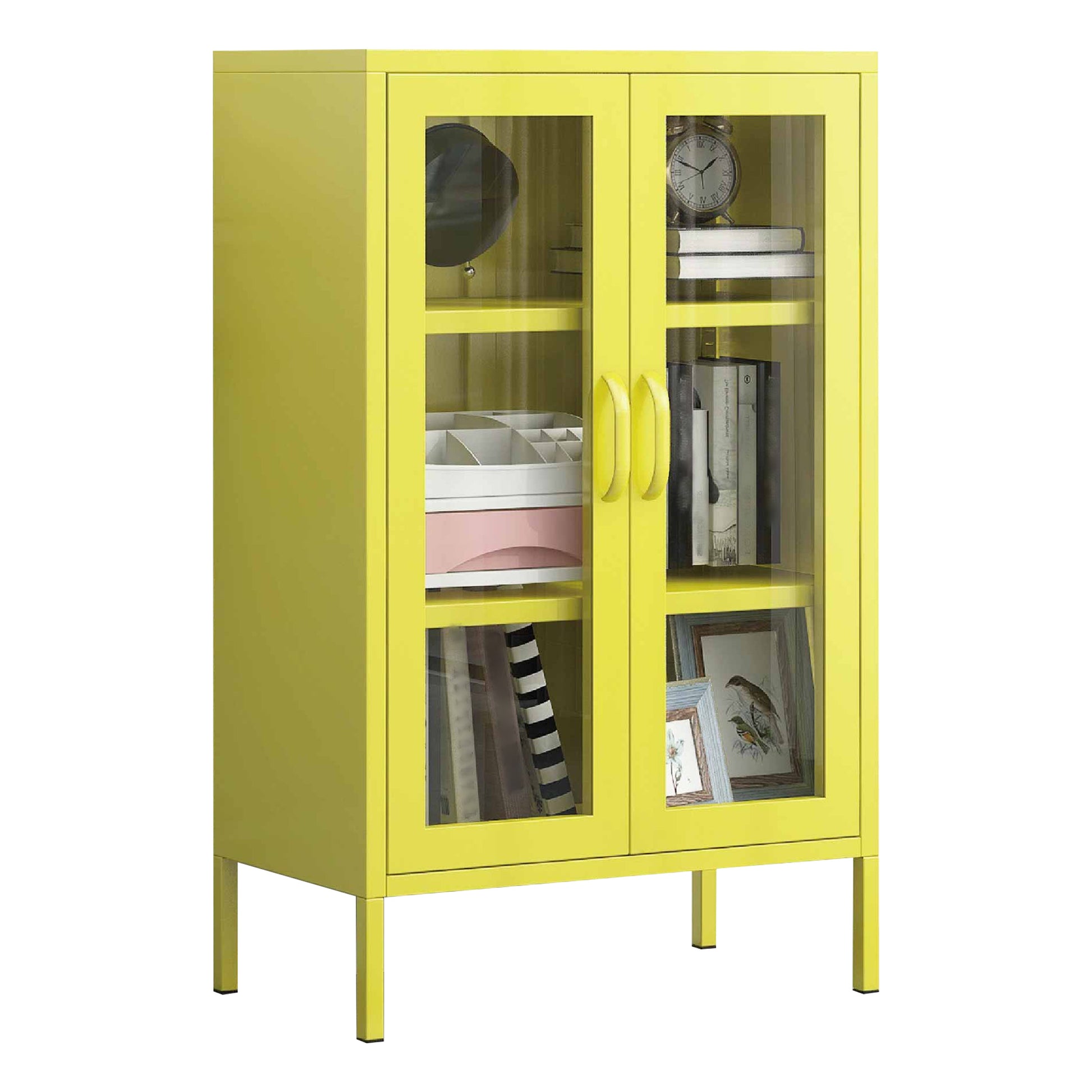 Steel Living Room Sideboard Cabinet Modern Server Cabinet with Storage Yellow Tempered Glass Clearhalo 'buffet_sideboard' 'Buffets & Sideboards' 'furn' 'furn_buffet_sideboard' 'Furniture' 'furniture_buffet_sideboard' 'Kitchen & Dining Furniture' 4974722
