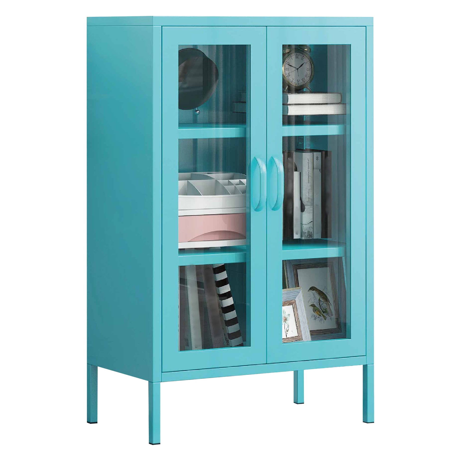Steel Living Room Sideboard Cabinet Modern Server Cabinet with Storage Blue Tempered Glass Clearhalo 'buffet_sideboard' 'Buffets & Sideboards' 'furn' 'furn_buffet_sideboard' 'Furniture' 'furniture_buffet_sideboard' 'Kitchen & Dining Furniture' 4974724