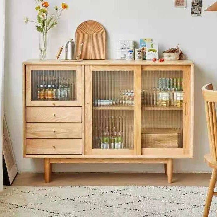 3-Drawer Pine Wood Sideboard Modern Glass Sliding Door Cabinets Credenza for Living Room Natural Clearhalo 'buffet_sideboard' 'Buffets & Sideboards' 'furn' 'furn_buffet_sideboard' 'Furniture' 'furniture_buffet_sideboard' 'Kitchen & Dining Furniture' 4974797