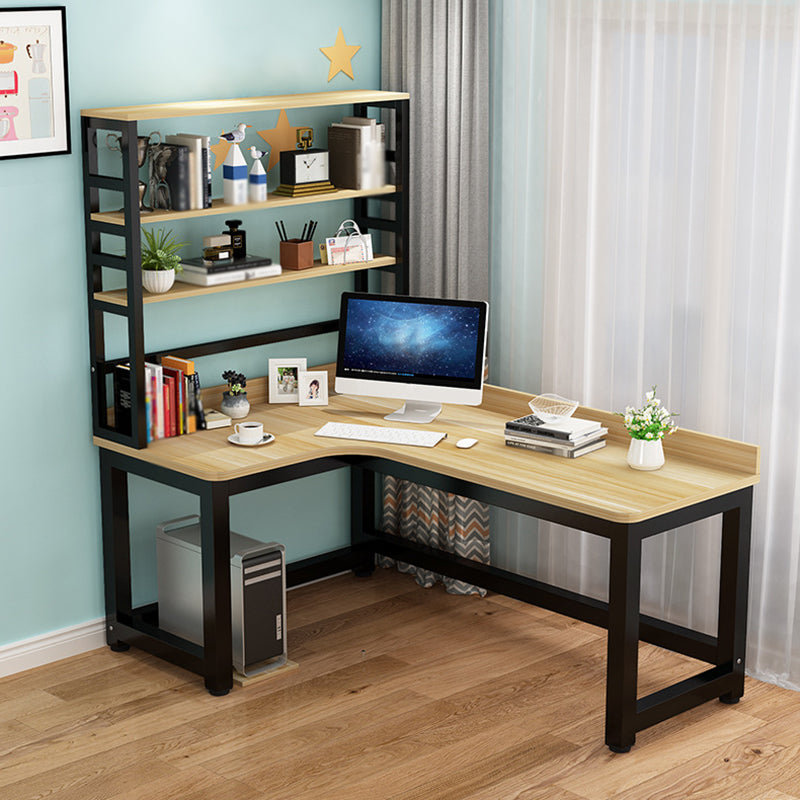 L-Shape Writing Desk Steel H-Shape Table Leg Desk with Shelf Natural Wood Black Clearhalo 'furn' 'furn_office_desk' 'Furniture' 'furniture_office_desk' 'Office Desks' 'Office Furniture' 'office_desk' 4975043