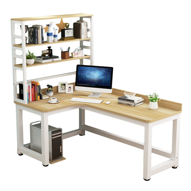 L-Shape Writing Desk Steel H-Shape Table Leg Desk with Shelf Natural Wood White Clearhalo 'furn' 'furn_office_desk' 'Furniture' 'furniture_office_desk' 'Office Desks' 'Office Furniture' 'office_desk' 4975046