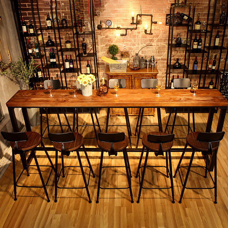 Brown Trestle Industrial Cocktail Bar Table Rectangle Footrest Indoor Bar Wine Table 86.6"L x 15.7"W x 41.3"H Without Chairs Clearhalo 'Bar Furniture' 'Bar Tables' 'bar_tables' 'furn' 'furn_bar_tables' 'Furniture' 'furniture_bar_tables' 'Kitchen & Dining Furniture' 4976690