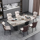 Modern 1/2/5/7 Pieces Dining Set Sintered Stone Dining Table with Leather Chairs 7 Pieces: Gold Table, 6 White Chairs Clearhalo 'Dining Room Sets' 'Dining Tables & Seating' 'dining_room_set' 'furn' 'furn_dining_room_set' 'Furniture' 'furniture_dining_room_set' 'Kitchen & Dining Furniture' 4977515