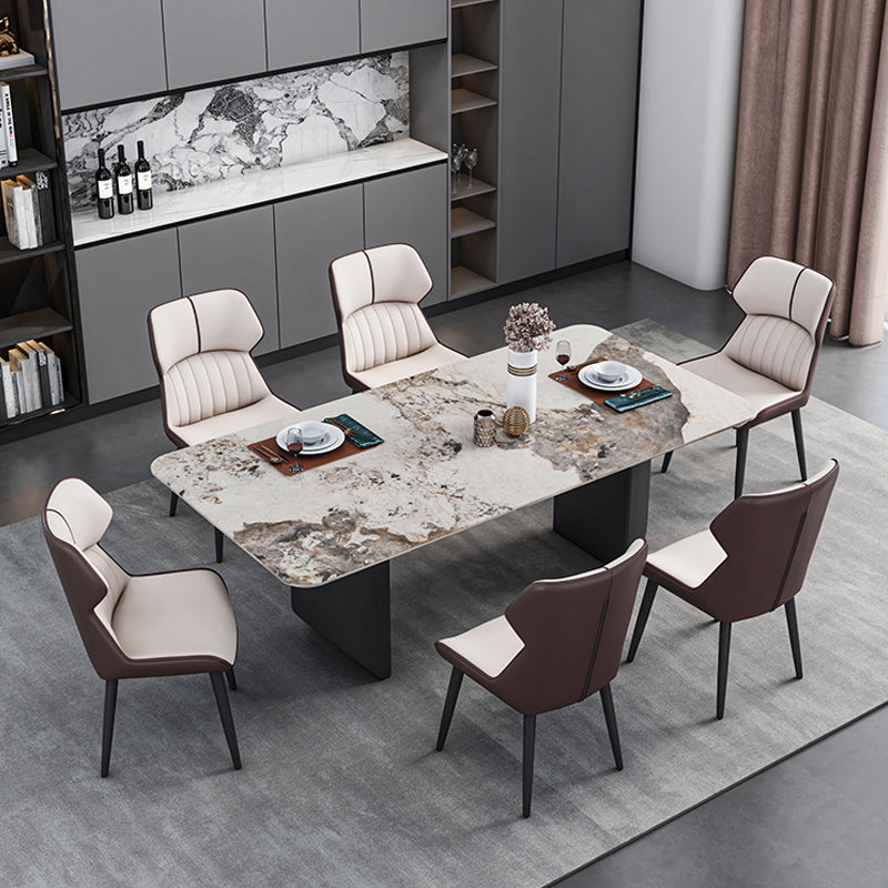 Modern 1/2/5/7 Pieces Dining Set Sintered Stone Dining Table with Leather Chairs 7 Pieces: Gold Table, 6 White Chairs Clearhalo 'Dining Room Sets' 'Dining Tables & Seating' 'dining_room_set' 'furn' 'furn_dining_room_set' 'Furniture' 'furniture_dining_room_set' 'Kitchen & Dining Furniture' 4977515
