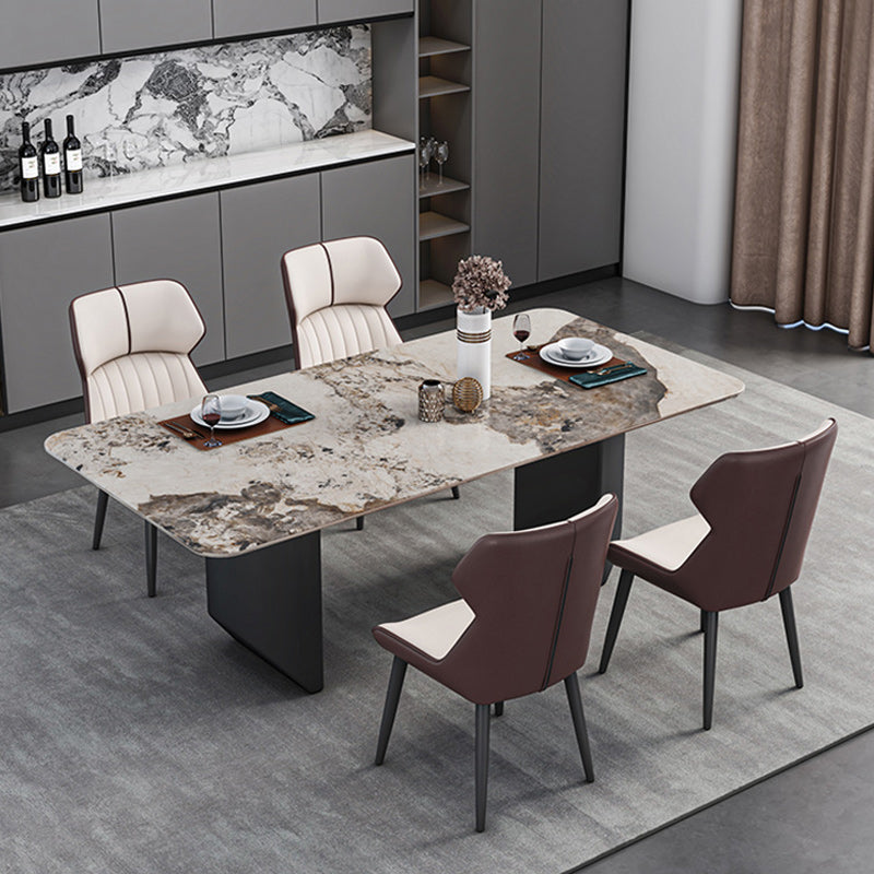 Modern 1/2/5/7 Pieces Dining Set Sintered Stone Dining Table with Leather Chairs 5 Pieces: Gold Table, 4 White Chairs Clearhalo 'Dining Room Sets' 'Dining Tables & Seating' 'dining_room_set' 'furn' 'furn_dining_room_set' 'Furniture' 'furniture_dining_room_set' 'Kitchen & Dining Furniture' 4977517