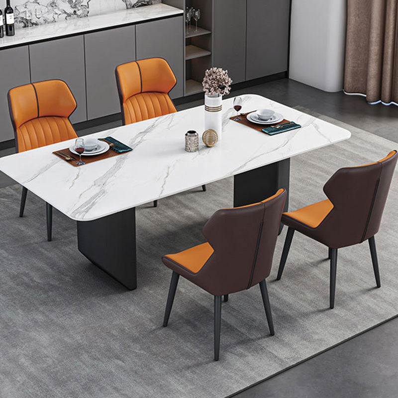 Modern 1/2/5/7 Pieces Dining Set Sintered Stone Dining Table with Leather Chairs 5 Pieces: White Table, 4 Orange Chairs Clearhalo 'Dining Room Sets' 'Dining Tables & Seating' 'dining_room_set' 'furn' 'furn_dining_room_set' 'Furniture' 'furniture_dining_room_set' 'Kitchen & Dining Furniture' 4977529