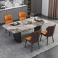 Modern 1/2/5/7 Pieces Dining Set Sintered Stone Dining Table with Leather Chairs 5 Pieces: Gold Table, 4 Orange Chairs Clearhalo 'Dining Room Sets' 'Dining Tables & Seating' 'dining_room_set' 'furn' 'furn_dining_room_set' 'Furniture' 'furniture_dining_room_set' 'Kitchen & Dining Furniture' 4977530