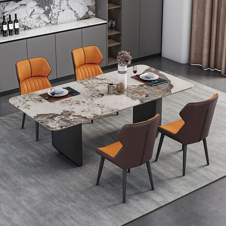 Modern 1/2/5/7 Pieces Dining Set Sintered Stone Dining Table with Leather Chairs 5 Pieces: Gold Table, 4 Orange Chairs Clearhalo 'Dining Room Sets' 'Dining Tables & Seating' 'dining_room_set' 'furn' 'furn_dining_room_set' 'Furniture' 'furniture_dining_room_set' 'Kitchen & Dining Furniture' 4977530