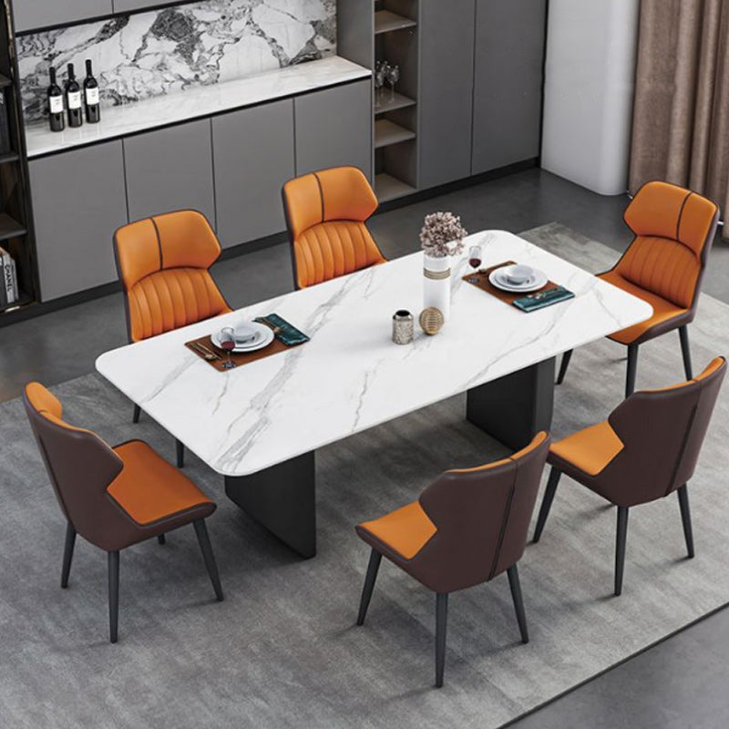 Modern 1/2/5/7 Pieces Dining Set Sintered Stone Dining Table with Leather Chairs 7 Pieces: White Table, 6 Orange Chairs Clearhalo 'Dining Room Sets' 'Dining Tables & Seating' 'dining_room_set' 'furn' 'furn_dining_room_set' 'Furniture' 'furniture_dining_room_set' 'Kitchen & Dining Furniture' 4977531