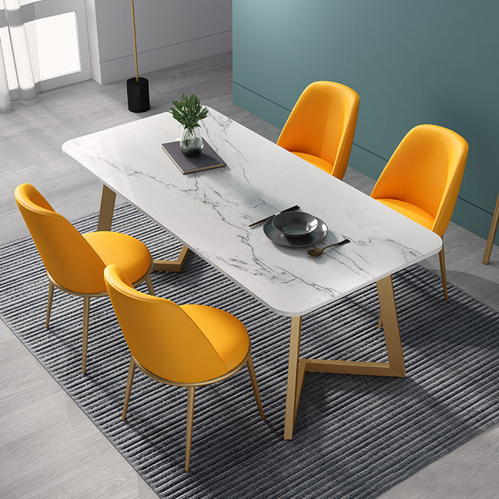 Glam 1/2/4/5 Pieces Iron Dinette Set with Sintered Stone Top Rectangle Dining Table Set 5 Pieces: Table, 4 Orange Chairs Clearhalo 'Dining Room Sets' 'Dining Tables & Seating' 'dining_room_set' 'furn' 'furn_dining_room_set' 'Furniture' 'furniture_dining_room_set' 'Kitchen & Dining Furniture' 4977711