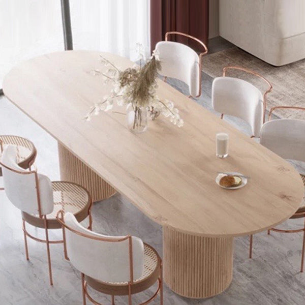 Modern Pine Wood Table for Restaurant Oval Dining Table with Double Pedestal Base 86.6"L x 31.5"W x 29.5"H Without Chairs Clearhalo 'Dining Tables & Seating' 'Dining Tables' 'dining_table' 'furn' 'furn_dining_table' 'Furniture' 'furniture_dining_table' 'Kitchen & Dining Furniture' 'kitchen' 'kitchen_dining_table' 4978071