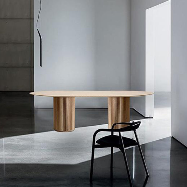 Modern Pine Wood Table for Restaurant Oval Dining Table with Double Pedestal Base Clearhalo 'Dining Tables & Seating' 'Dining Tables' 'dining_table' 'furn' 'furn_dining_table' 'Furniture' 'furniture_dining_table' 'Kitchen & Dining Furniture' 'kitchen' 'kitchen_dining_table' 4978077