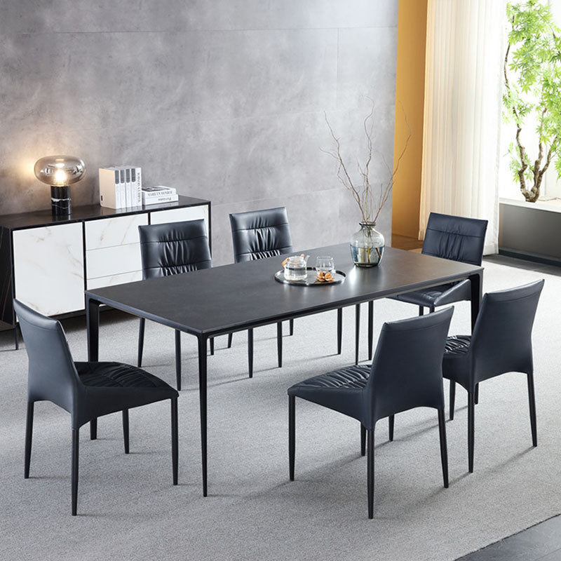 Stone Top Dining Table Modern Dining Table with 4 Metal Legs Black 63"L x 31.5"W x 29.5"H Clearhalo 'Dining Tables & Seating' 'Dining Tables' 'dining_table' 'Furniture' 'furniture_dining_table' 'Kitchen & Dining Furniture' 'kitchen' 'kitchen_dining_table' 4978105