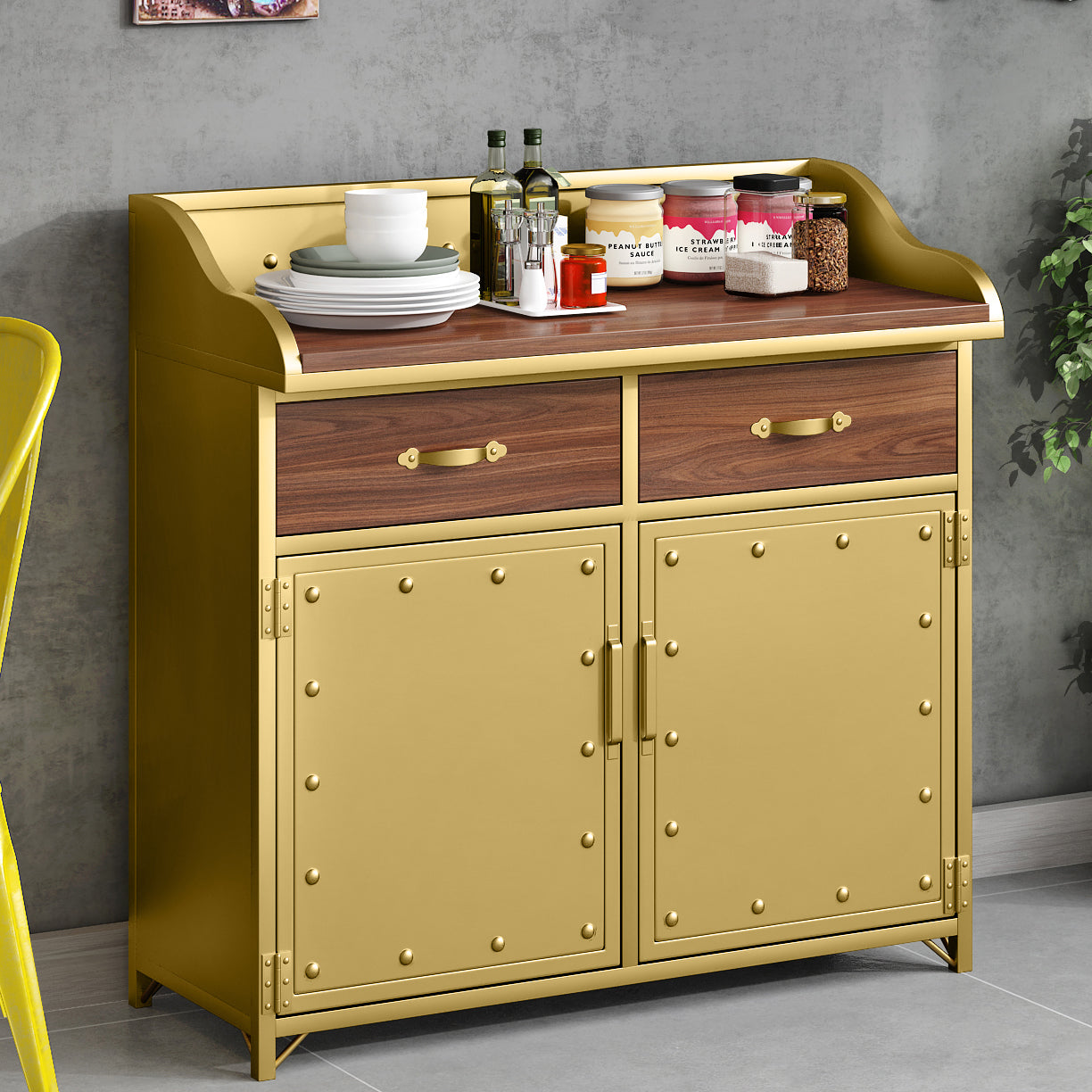 Pine Wood Dining Room Sideboard Cabinet Glam Credenza with Drawers and Storage Gold Clearhalo 'buffet_sideboard' 'Buffets & Sideboards' 'furn' 'furn_buffet_sideboard' 'Furniture' 'furniture_buffet_sideboard' 'Kitchen & Dining Furniture' 4979054