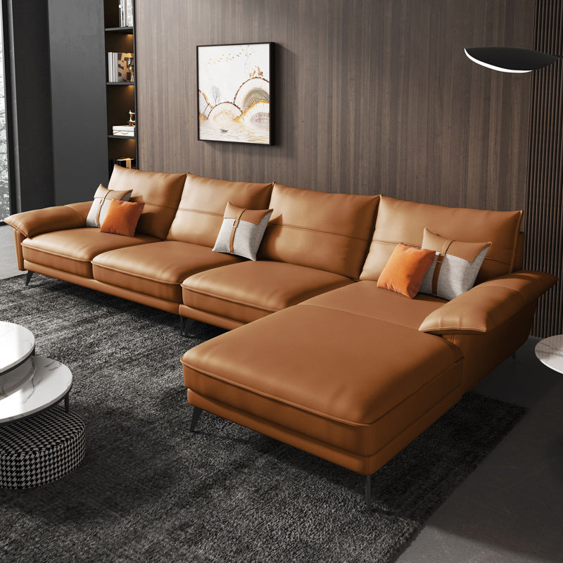 Brown Genuine Leather Sectional Sofa Set Pillow Top Arm Sectionals Couch with Pillows Clearhalo 'Furniture' 'furniture_sectionals' 'Living Room Furniture' 'Sectionals' 4981937