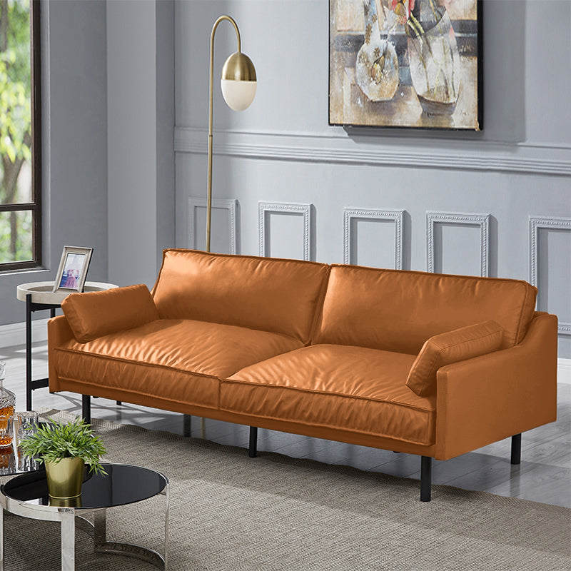 29" High Modern Genuine Leather Square Arm Sofa with 2 Pillows for Living Room Camel Microfiber Clearhalo 'furn' 'furn_sofas' 'Furniture' 'furniture_sofas' 'Living Room Furniture' 'Sofa' 'sofas' 4982676
