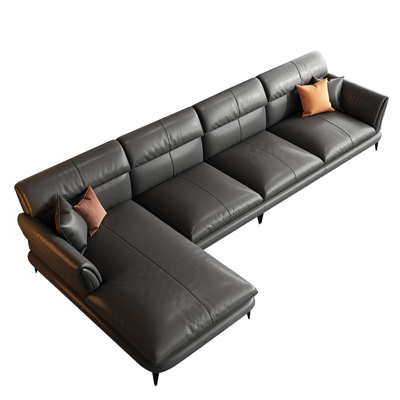 Dark Gray Genuine Leather Pillow Top Arm Modern Sofa/Sectional for Apartment 126"L x 67"W x 33.5"H Sponge Clearhalo 'furn' 'furn_sectionals' 'Furniture' 'furniture_sectionals' 'Living Room Furniture' 'Sectionals' 4982982