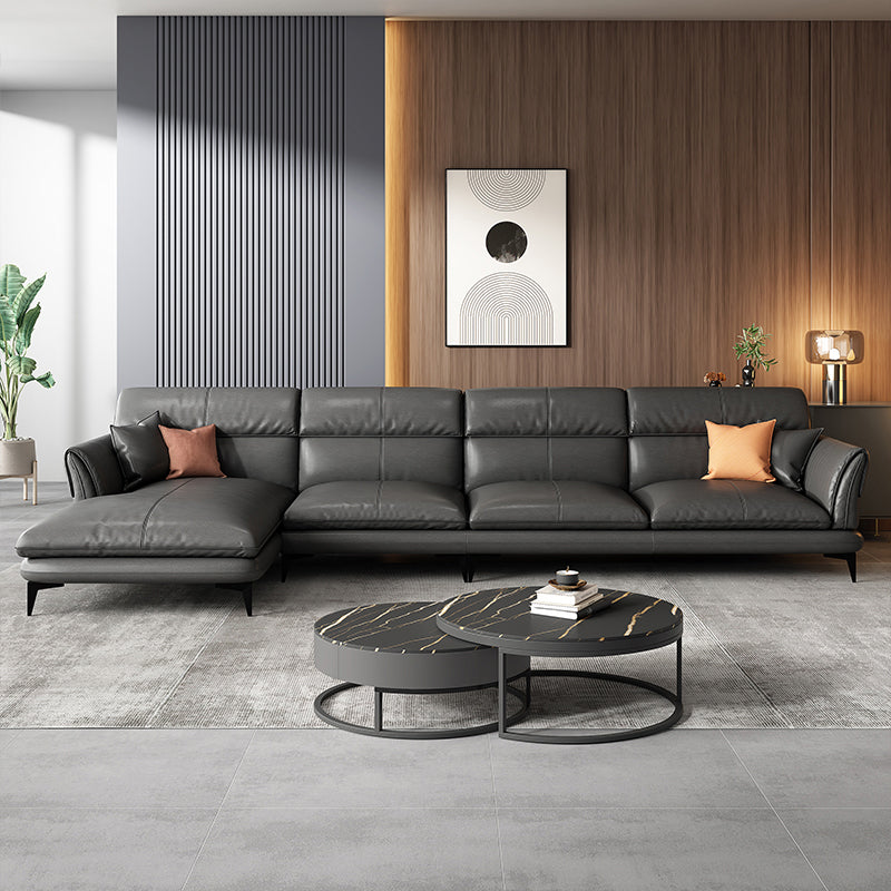 Dark Gray Genuine Leather Pillow Top Arm Modern Sofa/Sectional for Apartment Clearhalo 'furn' 'furn_sectionals' 'Furniture' 'furniture_sectionals' 'Living Room Furniture' 'Sectionals' 4982984