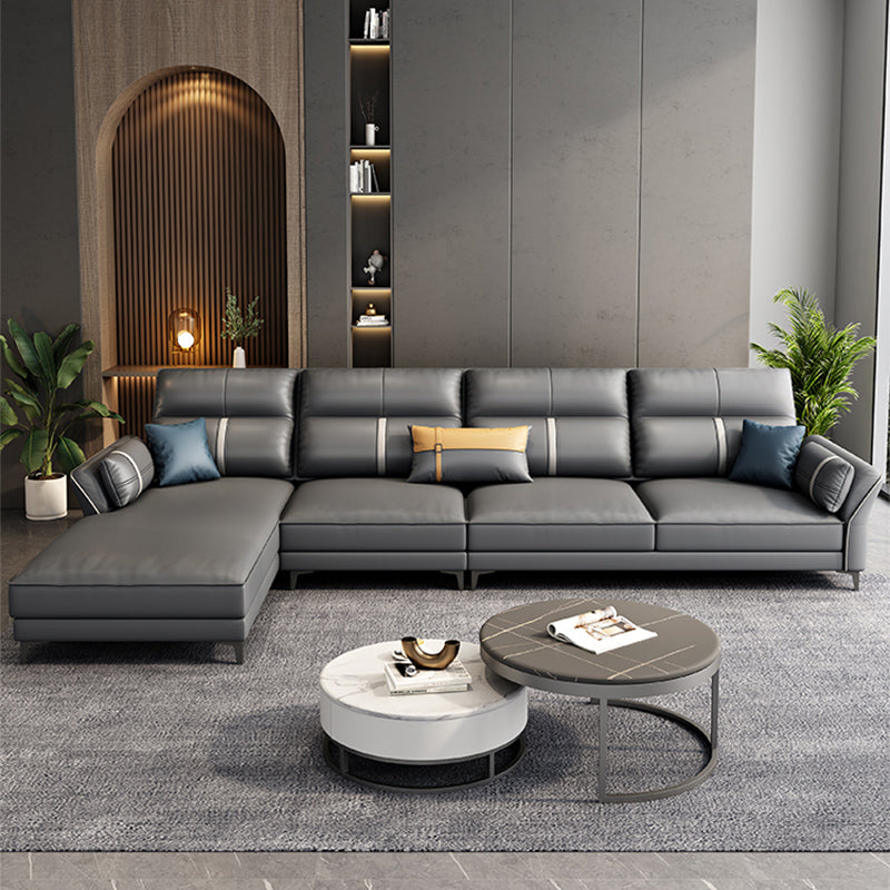 Contemporary Dark Gray Sofa Faux Leather Stain-Resistant Sectional with Pillow Top Arm 136"L x 68"W x 33.5"H Latex Clearhalo 'furn' 'furn_sectionals' 'Furniture' 'furniture_sectionals' 'Living Room Furniture' 'Sectionals' 4983016