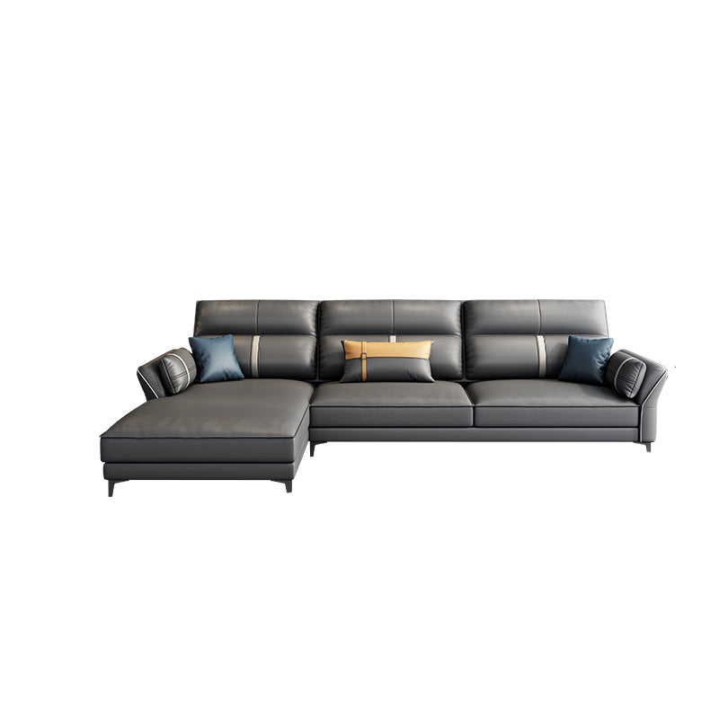 Contemporary Dark Gray Sofa Faux Leather Stain-Resistant Sectional with Pillow Top Arm 98"L x 68"W x 33.5"H Clearhalo 'furn' 'furn_sectionals' 'Furniture' 'furniture_sectionals' 'Living Room Furniture' 'Sectionals' 4983018